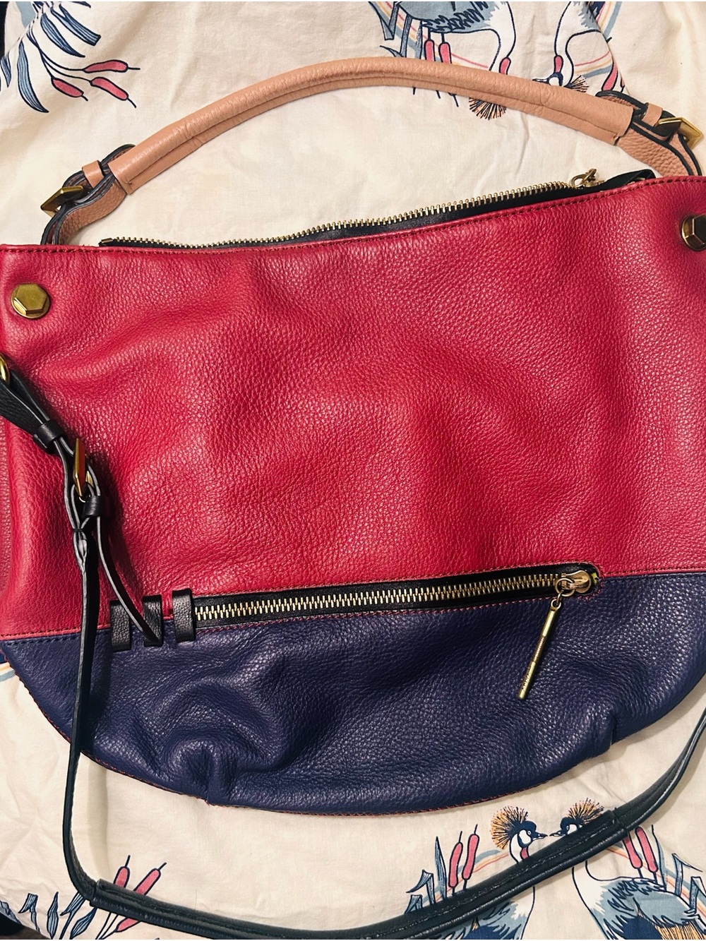 orYANY Red and Navy Colorblock Leather Shoulder Bag with Tan Handle